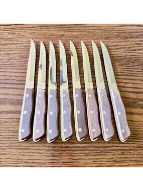 Vtg Japan Serrated Stainless Steel Steak Knives Wood Set Of 8 USA